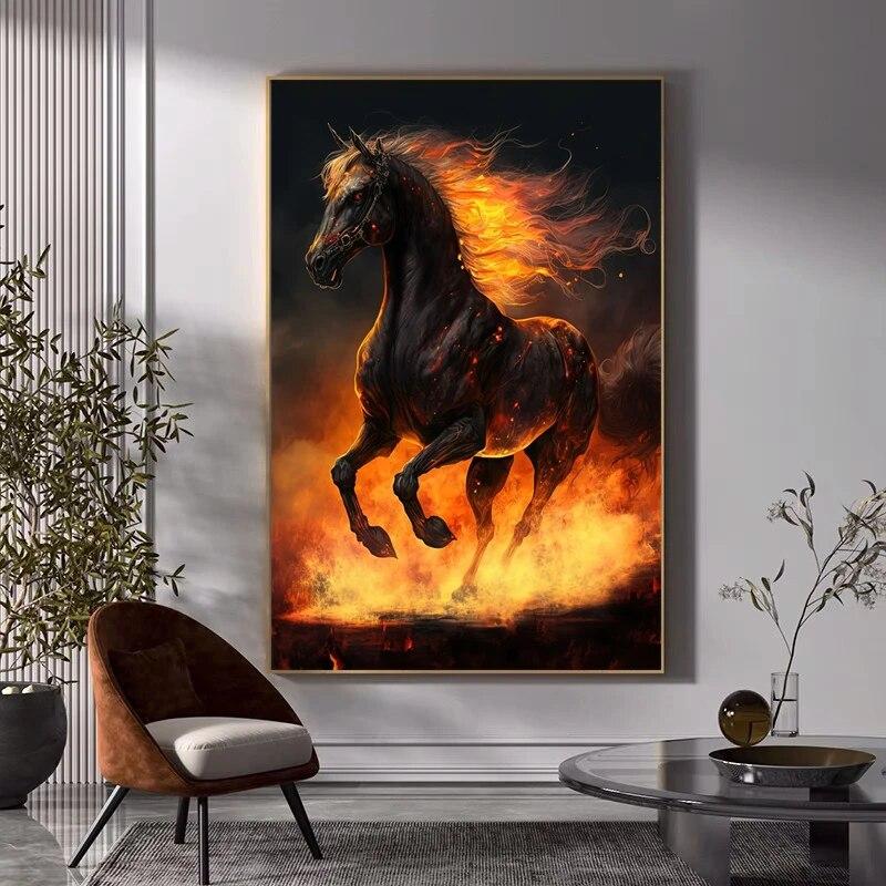 Abstract Running Horse with Fire Canvas Painting Modern Animal Pictures Poster and Prints Wall Art for Home Living Room No Frame