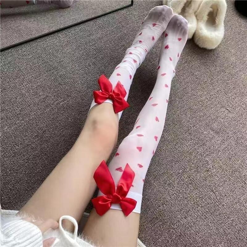 Women Sexy Cute Love Heart Pattern Stockings Nylon High Stockings With Bow Decoration Valentine Day Gift Christmas Wear