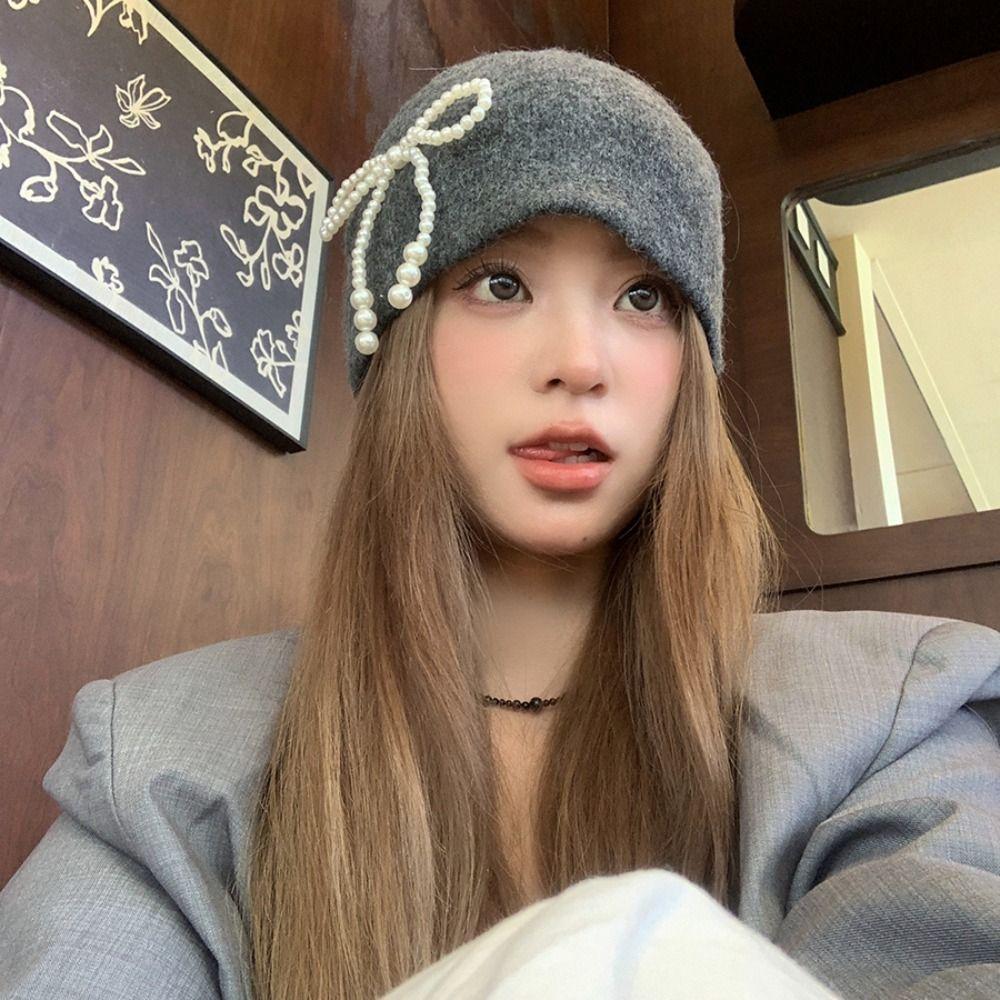 Ear Protector Pearl Bow Beanies Cap Casual Korean Wool Hat Stacking Knitted Bonnet Cap  Daily