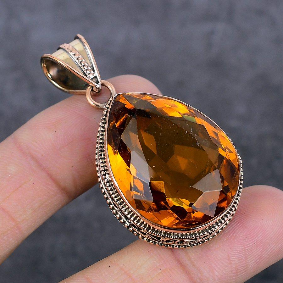 Natürlicher Citrin Edelstein Handgefertigter Kupfer Schmuck Anhänger 2,01" Q6s26