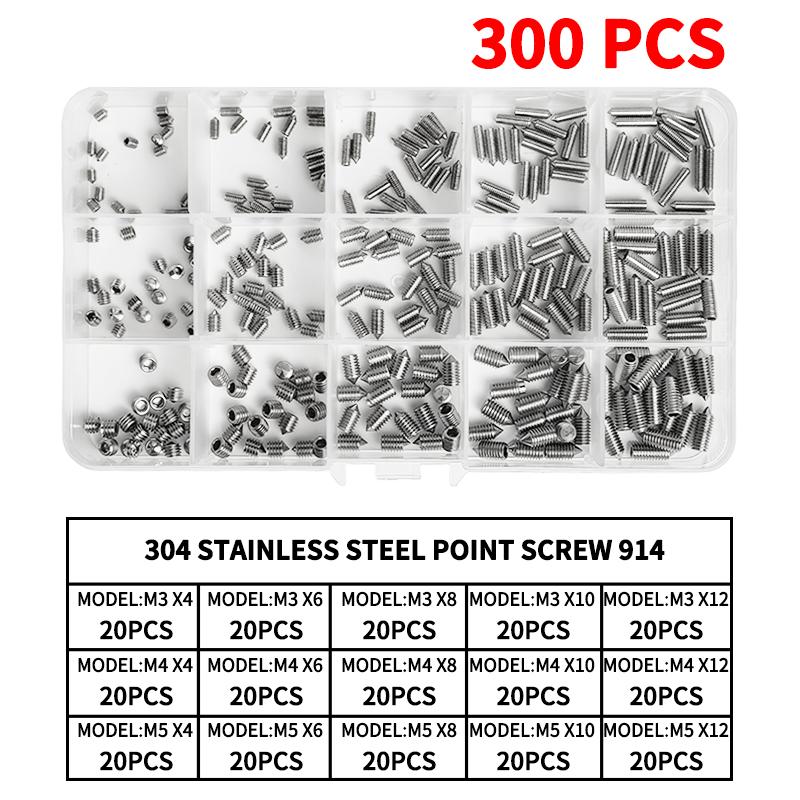 DIN914 304 Stainless Steel Hex Socket Point Grub Screws M3 M4 M5 M6 M8 M10 Assortment Kit - High Hardness Fasteners Set