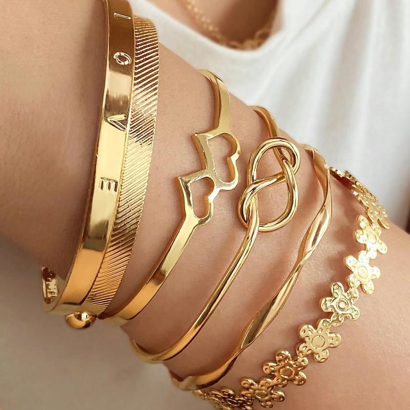 6pcs/Set Double Heart Love Letter Flower Open Bangle For Women, Daily Wear & Party Gift, Gold Color