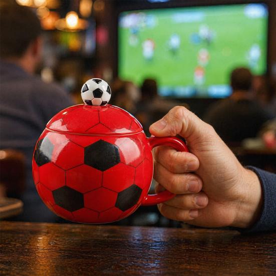Soccer Ceramic Mug, 400ml Football Shaped Cup with Lid, Black White Hexagon Sports Drinkware for Home Office, Fan Gifts