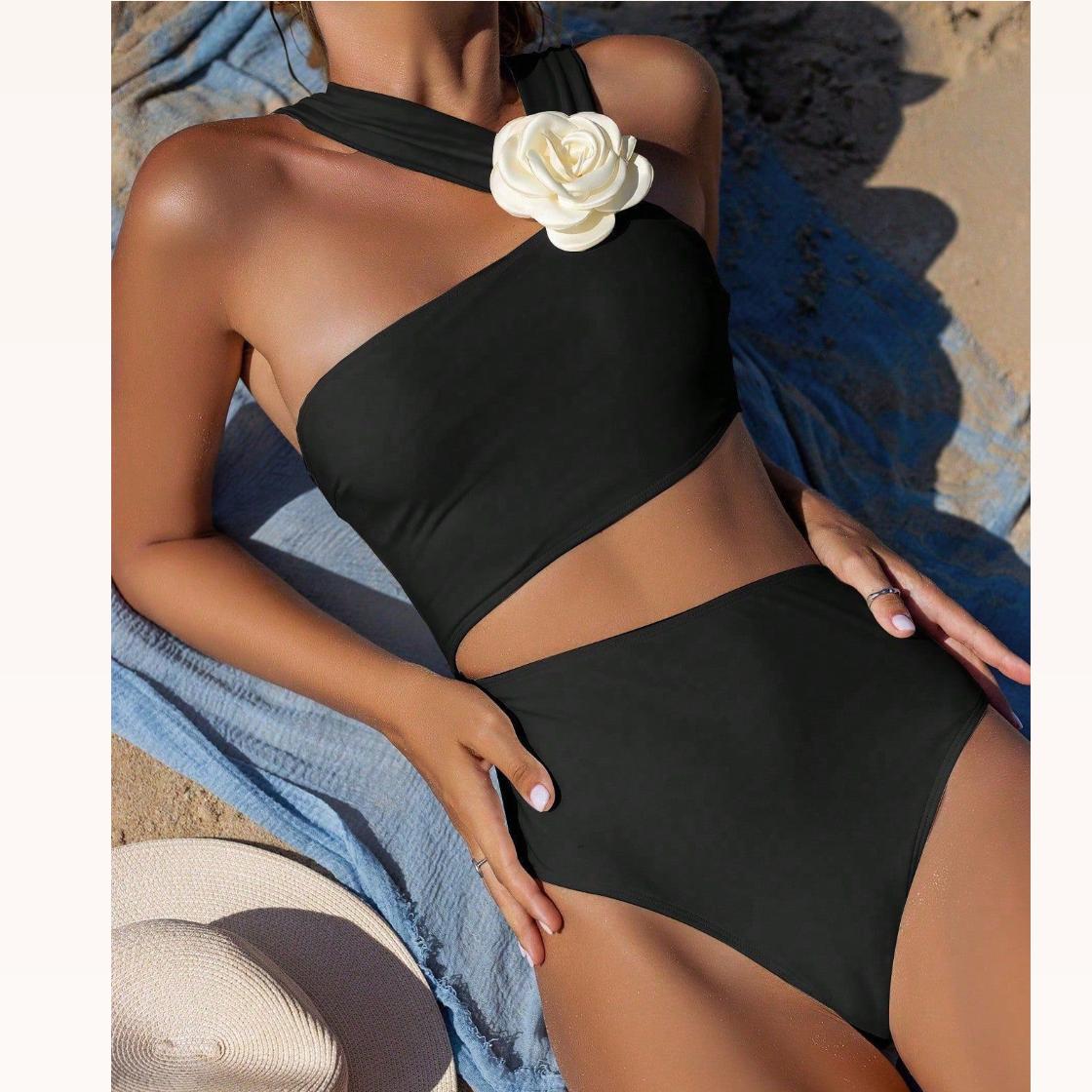 

Bkini, Женский купальник с объемным белым цветочным узором и разрезом на плече. L чёрный