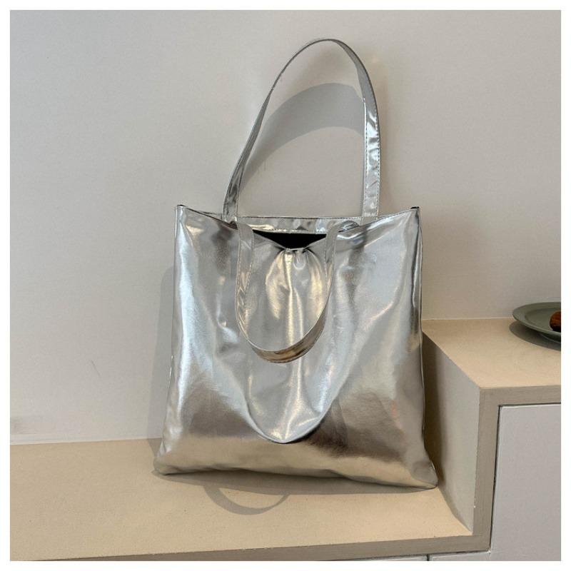 Portable Large-capacity Textured Glossy Shoulder Bag with Smooth Surface - Commuter Tote Bag
