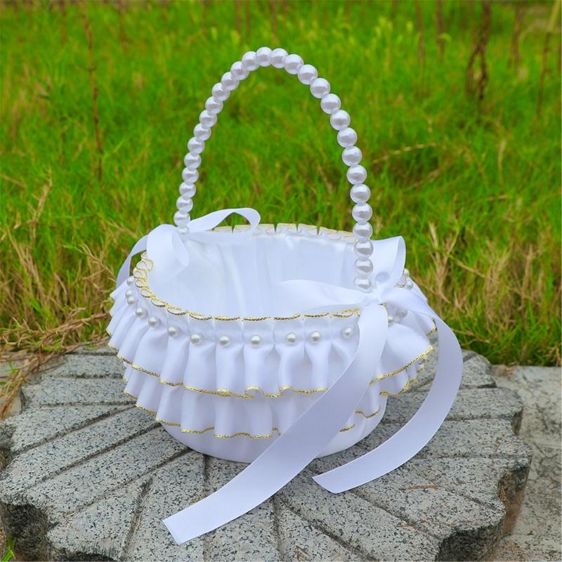 Decorative Pearls Embellished Storage Basket With Golden Edges for Wedding Reception Party Decorations