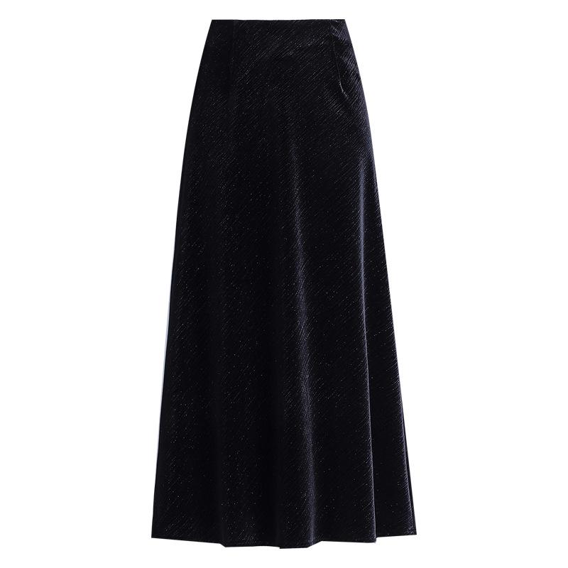 Black High-Waisted A-line Velvet Skirt - Elegant Mid-Length Design for Spring & Autumn