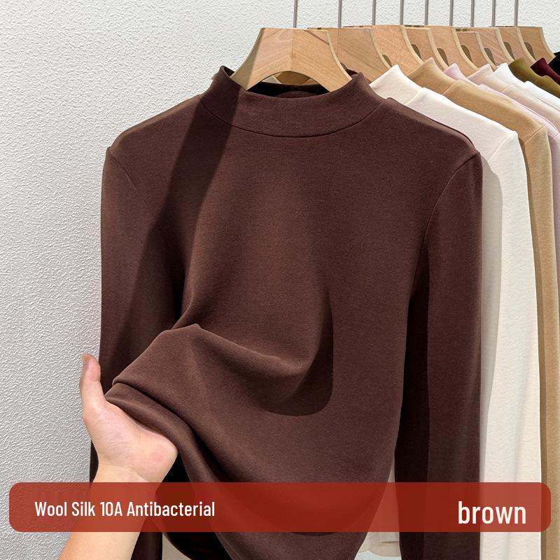 Women's Lyocell Tencel Round Neck Base Layer, Thickened Velvet Wool-Silk Long Sleeve Top for Autumn/Winter