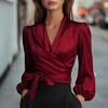 Women's V Neck Long Puff Sleeve Satin Wrap Blouse Self Tie Waist Elegant Office Crop Shirt
