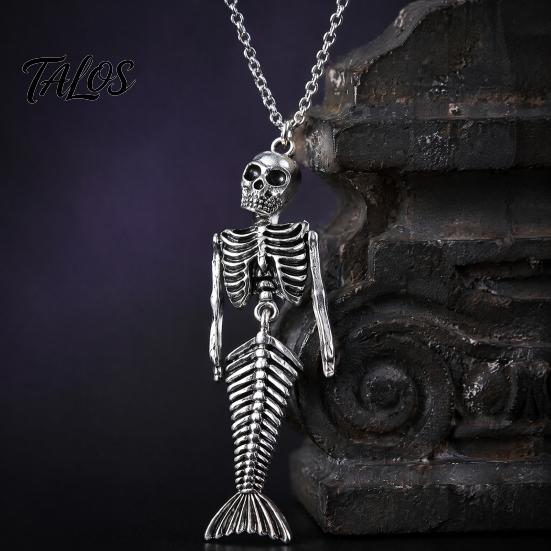 Edgy Dark Style Accessories Skull Mermaid Skeleton Pendant Necklace, Gothic Fantasy Jewelry Halloween Costume Gift for Women, Creative Spooky