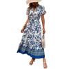Retro Blue Ethnic Print Holiday Dress - Slim Fit