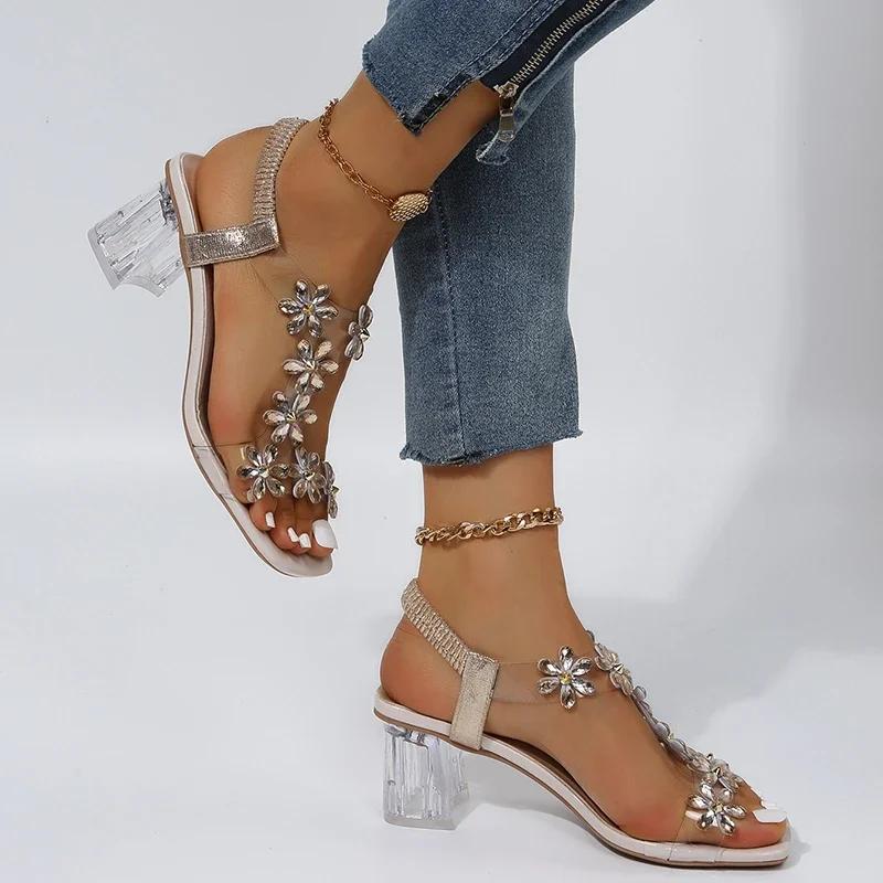 Fashion Summer Women Sandals Pvc Crystal Flower Decoration Chunky Heel Peep Toe Back Strap Elastic Band Elegant Fashion Shoes Ladies