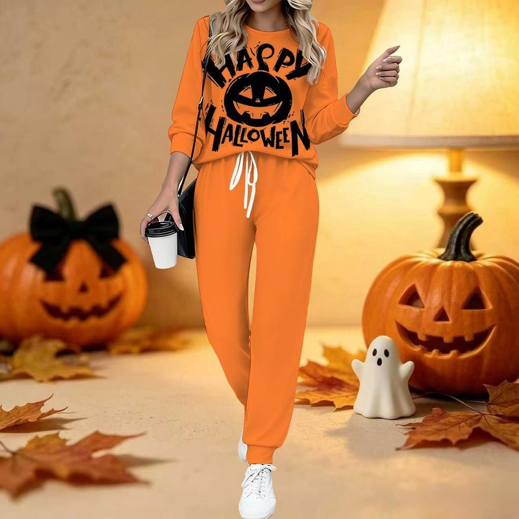 Damski dwuczęściowy strój z nadrukiem na Halloween, Top z długim rękawem i okrągłym dekoltem oraz spodnie dresowe z ściągaczem, Casualowy dres na wiosnę i jesień