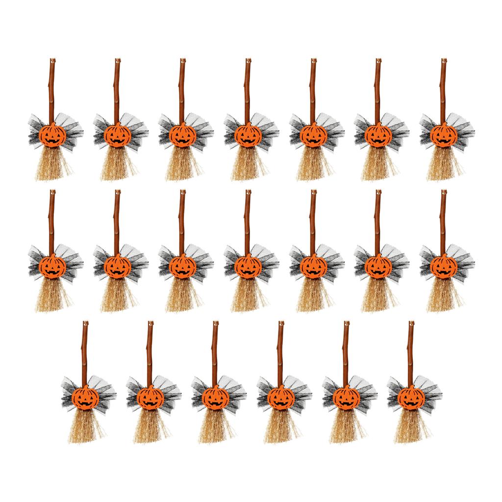 20pcs 14cm Halloween Witch Mini Broom Hanging Decoration with Bat Shaped Ornament for Party Home Office School Display