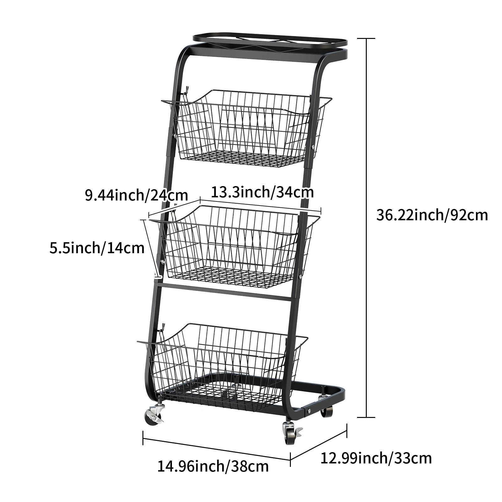 3-Tier Rolling Storage Basket with Wheels, Large-Capacity Kitchen Vegetable & Fruit Organizer, Multifunction Black Rack 3-tier чёрный