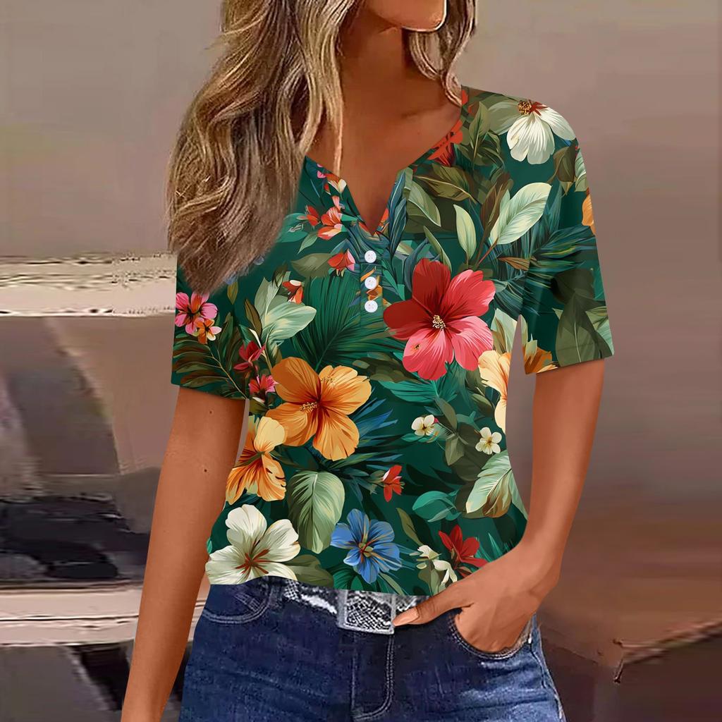 Women's fashionable casual Hawaiian print V-neck short-sleeved button-down T-shirt top