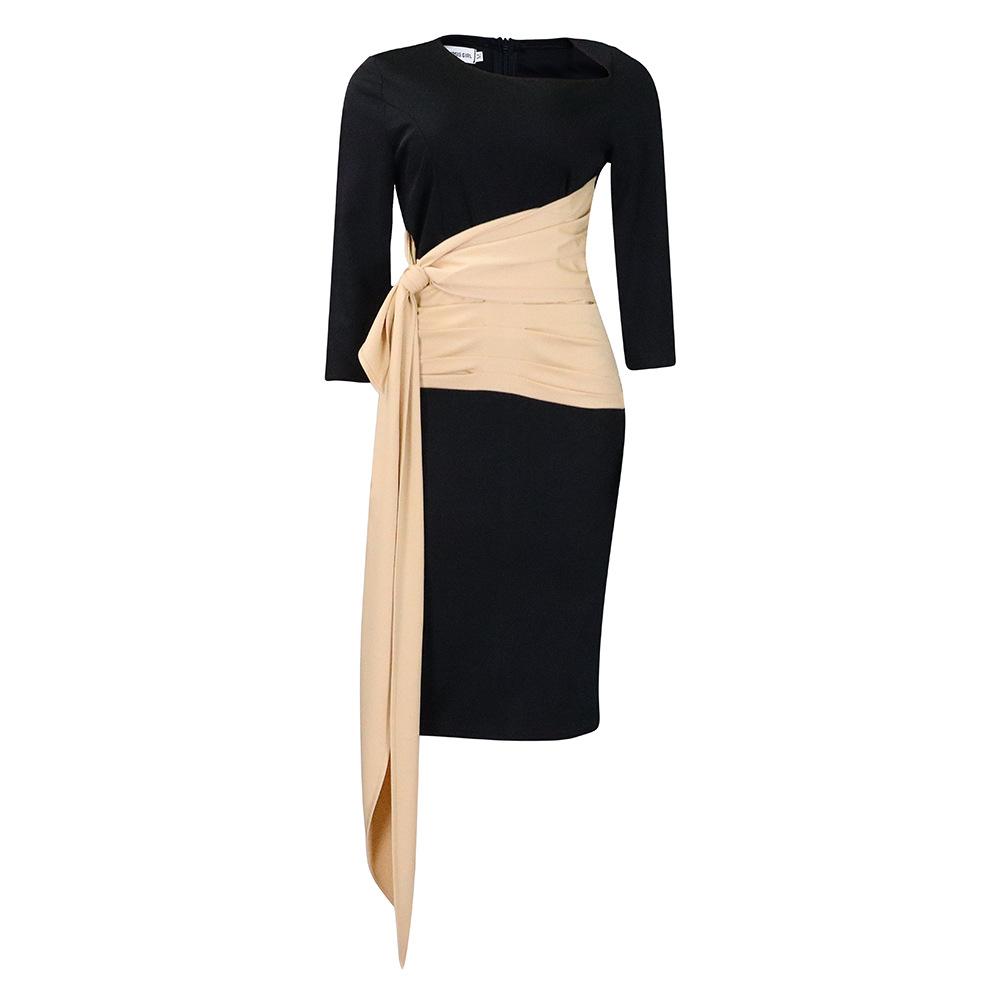 Large Size Women Fashion Patchwork Mid Sleeves Business Dress Ladies Elegant One Piece Skew Collar Sheath Dress
