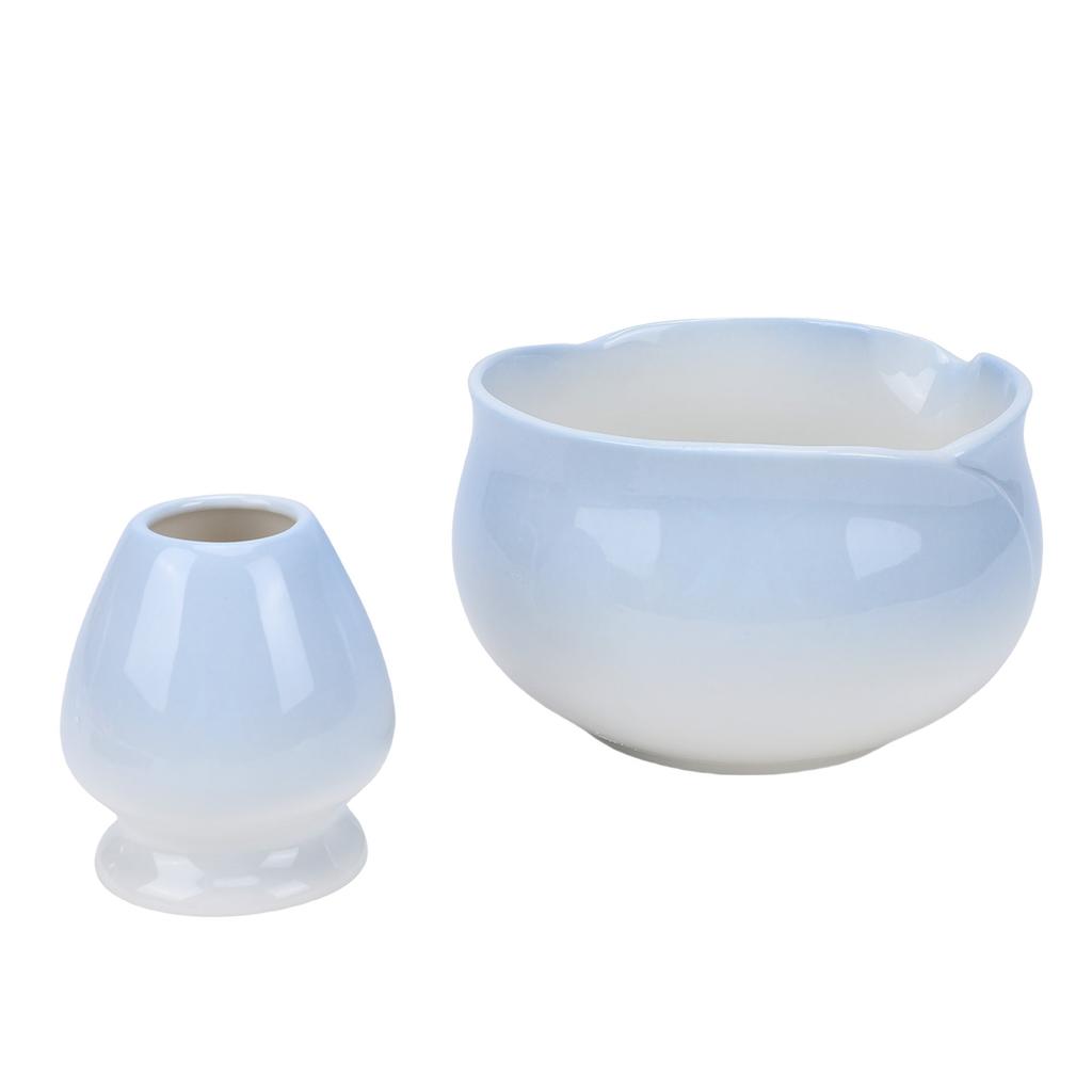Matcha Bowl and Whisk Holder Ceramic Matcha Mixing Bowl with Spout for Traditional Japanese Tea Ceremony Gradient Blue