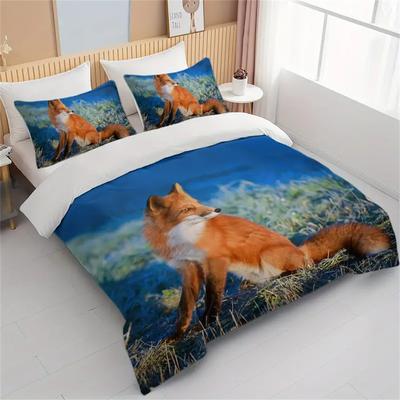 Set Biancheria da Letto con Design Volpe che Guarda Indietro 3 Pezzi Arancione Blu Set Copripiumino Volpe Animale Copriletti con 2 Federe