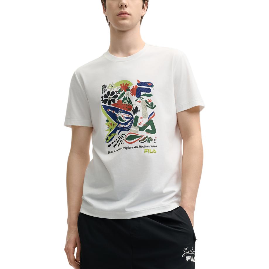FILA Heritage Series Casual Versatile Knitted Short Sleeve T-Shirt Men Tops Cloud-Mushroom-White F11M528103F-WT