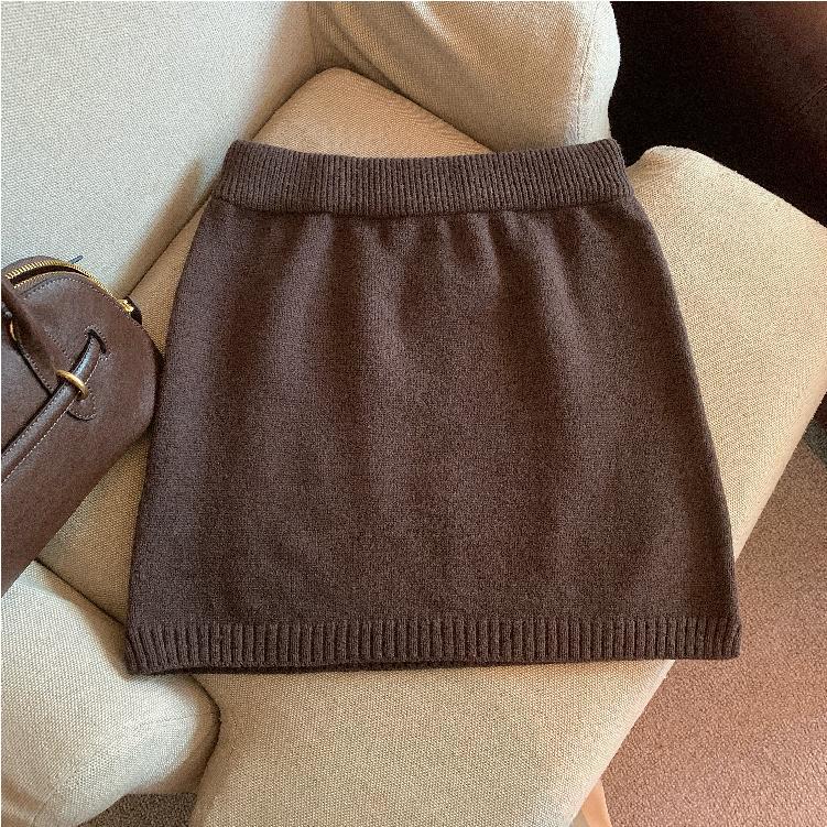 Women's High-Waisted Elastic Waist Gray Knit Skirt - Autumn/Winter 2025 Hip-Hugging A-Line Style