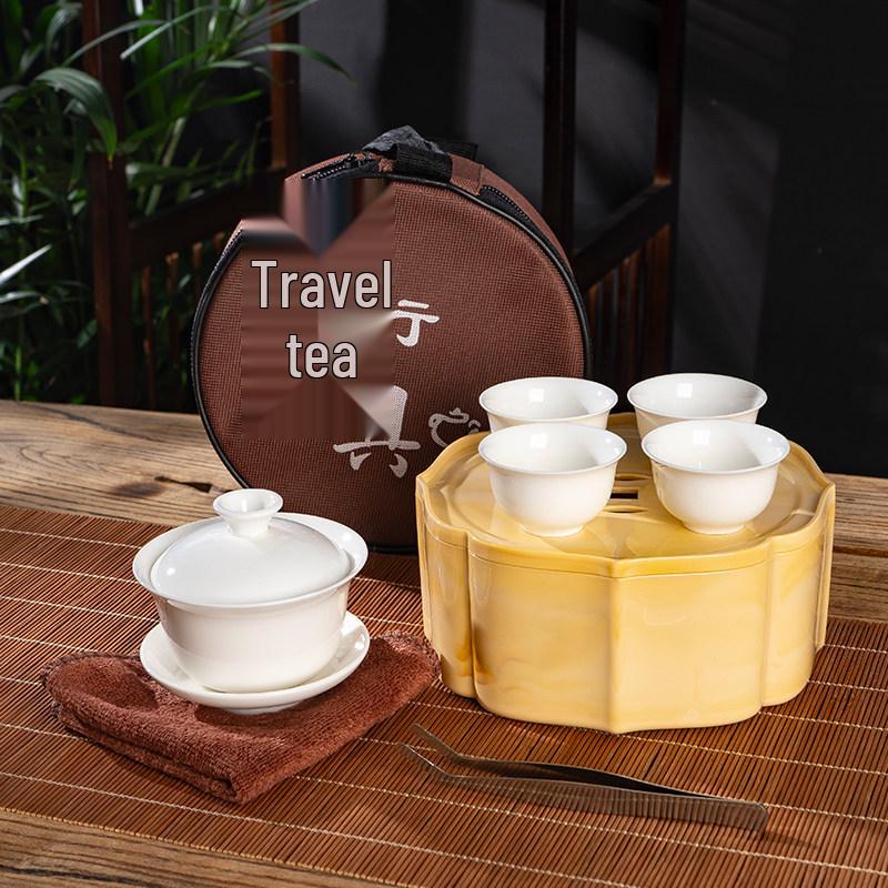 Portable Ceramic Kung Fu Tea Set with Tray - Mini Travel Tea Set