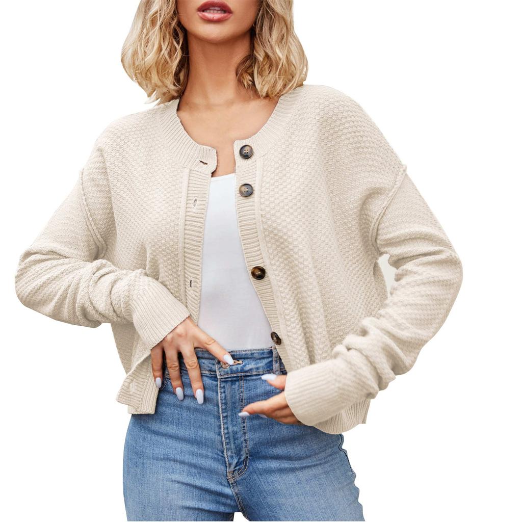 Damski modny kardigan z długim rękawem w jednolitym kolorze, zapinany na guziki, sweter-płaszcz z długim rękawem