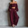 Two Piece Sets for Women Long Sleeve Off Shoulder Crop Top Wide Leg Pants Set Summer Vacation Going Out Outfits