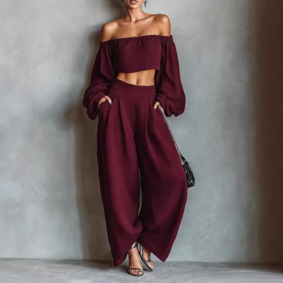 Two Piece Sets for Women Long Sleeve Off Shoulder Crop Top Wide Leg Pants Set Summer Vacation Going Out Outfits
