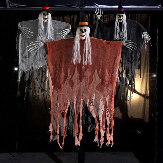 Halloween Hanging Skull Realistic Skull Ghost Decoration with Long Hair Poseable Wire Spooky Hanging Skeleton Prop for Halloween Party Haunted House