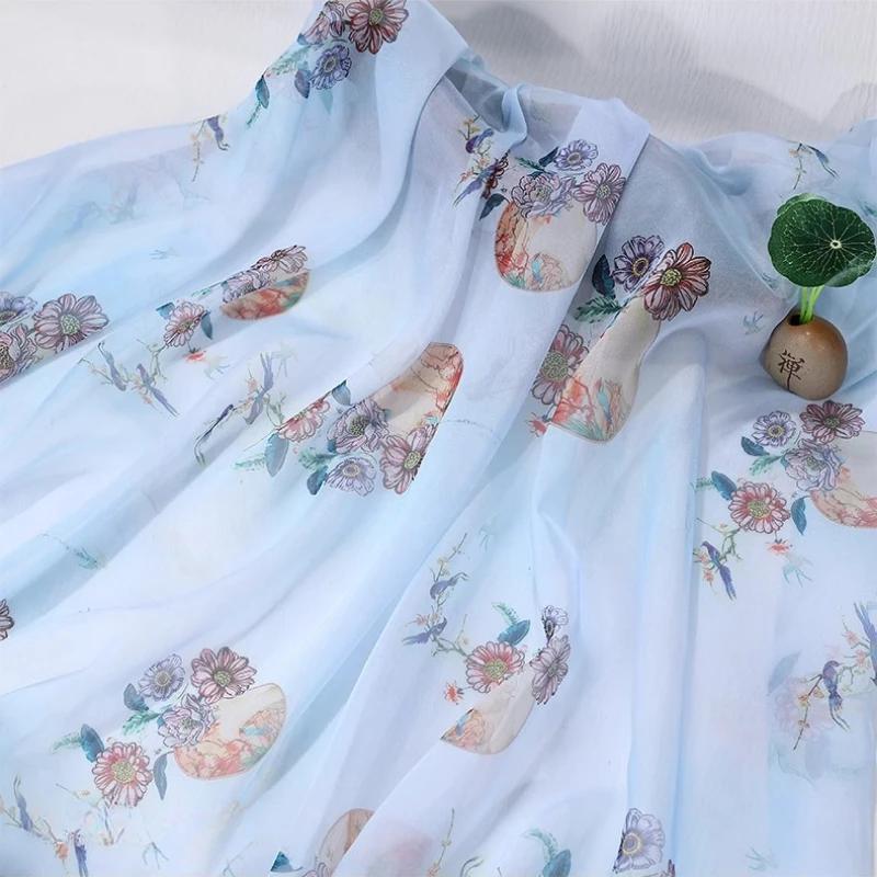 Hedvábný šátek dekorativní 30D Tištěný šifon Inkoustová malba Čínský styl Látka Starobylý kostým Hanfu Sukně Gáza Gázová oděvní látka