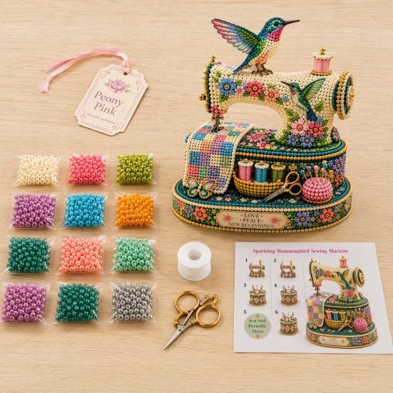 Yousheng Tiny 3D Beaded Sewing Machine DIY Kit for Kids & Adults, Exquisite Hummingbird Handmade Bead Craft Set, Stress Relief Creative DIY