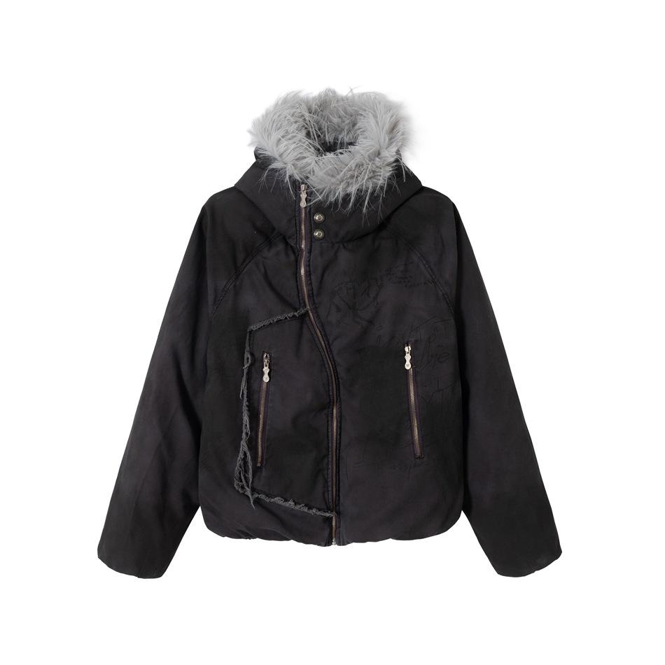 Restarall Unisex Asymmetrical Zip Hooded Denim Jacket - Retro Distressed Style M