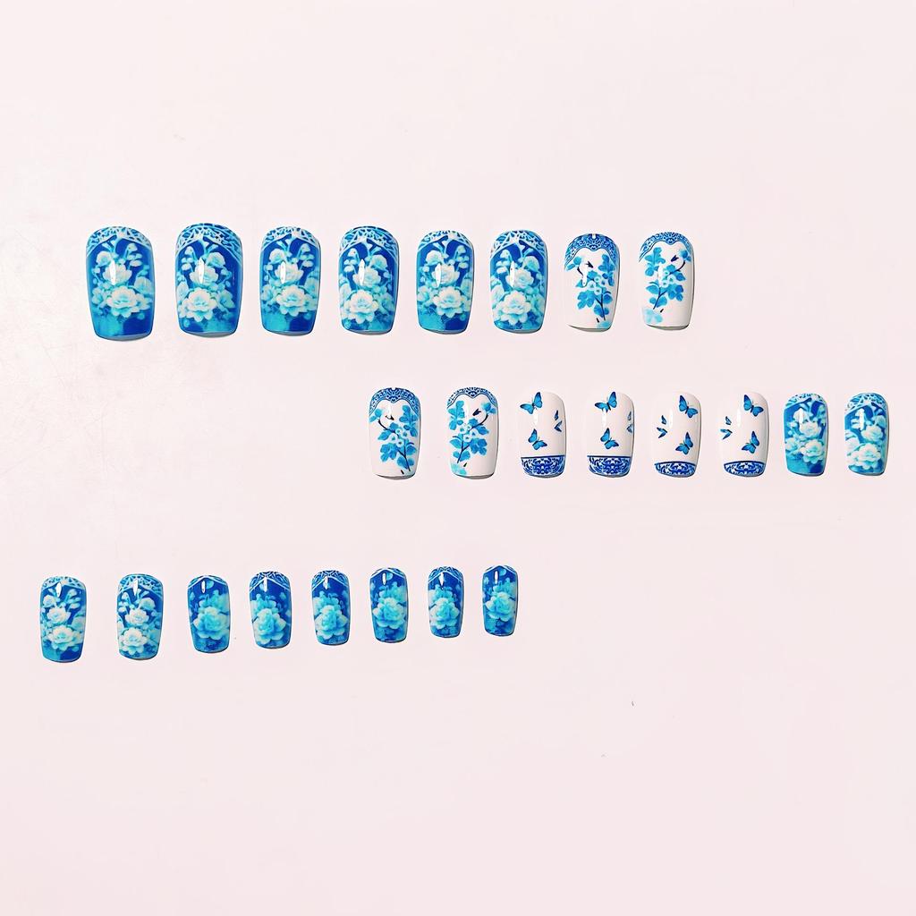 Blue & White Porcelain Press-On Nails - Chinese Style with Butterfly Design, Includes 24 Stickers