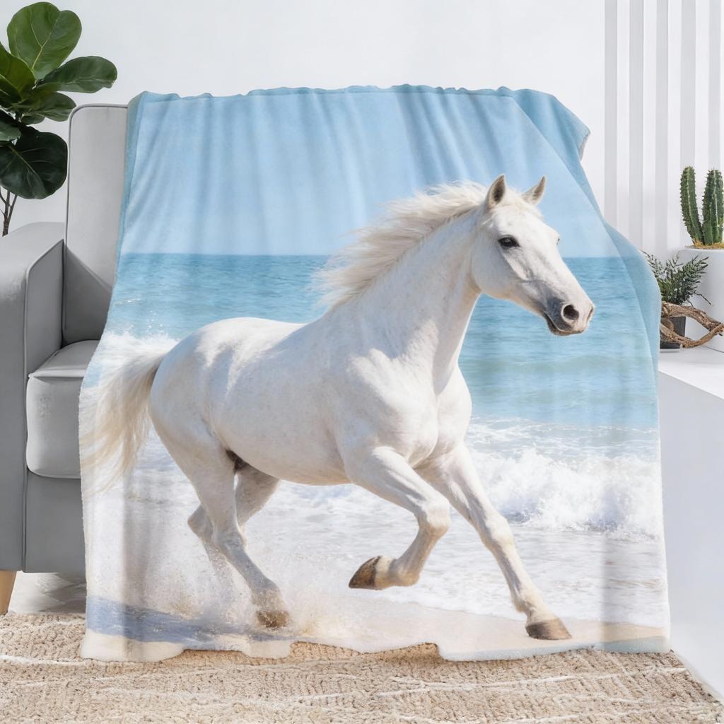 1pc Contemporary Horse Print Flannel Fleece Blanket, 100% Polyester, All Seasons, Tear Resistant, Digital Print, Animal Theme, K