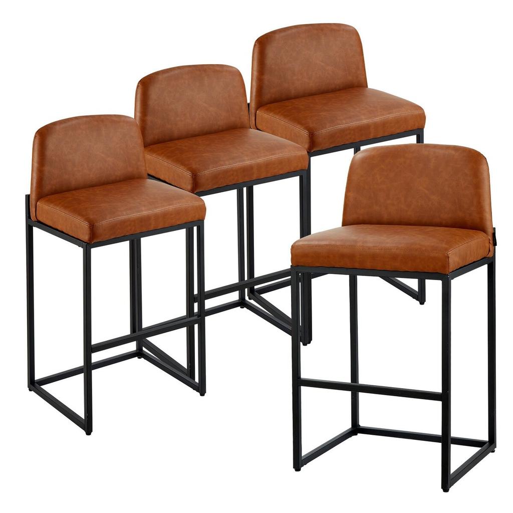 Bar Stool Set of 4, 68cm Counter Height Stools, Modern PU Leather Counter Barstool with Backrest, Metal Legs, Easy Assembly Armless Bar Chair, Island