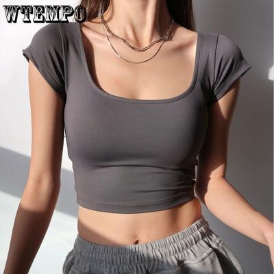 Sommer Einfarbig Eng Anliegende U-ausschnitt Kurzarm Basis T-shirt frauen Schlank Anliegende Kurze Hohe Taille Top