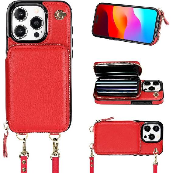 Bocasal Crossbody Wallet Case for iPhone 15 Pro, RFID Blocking Leather Purse Case with Card Holder, Protective Handbag Flip Cover with Zipper Wrist