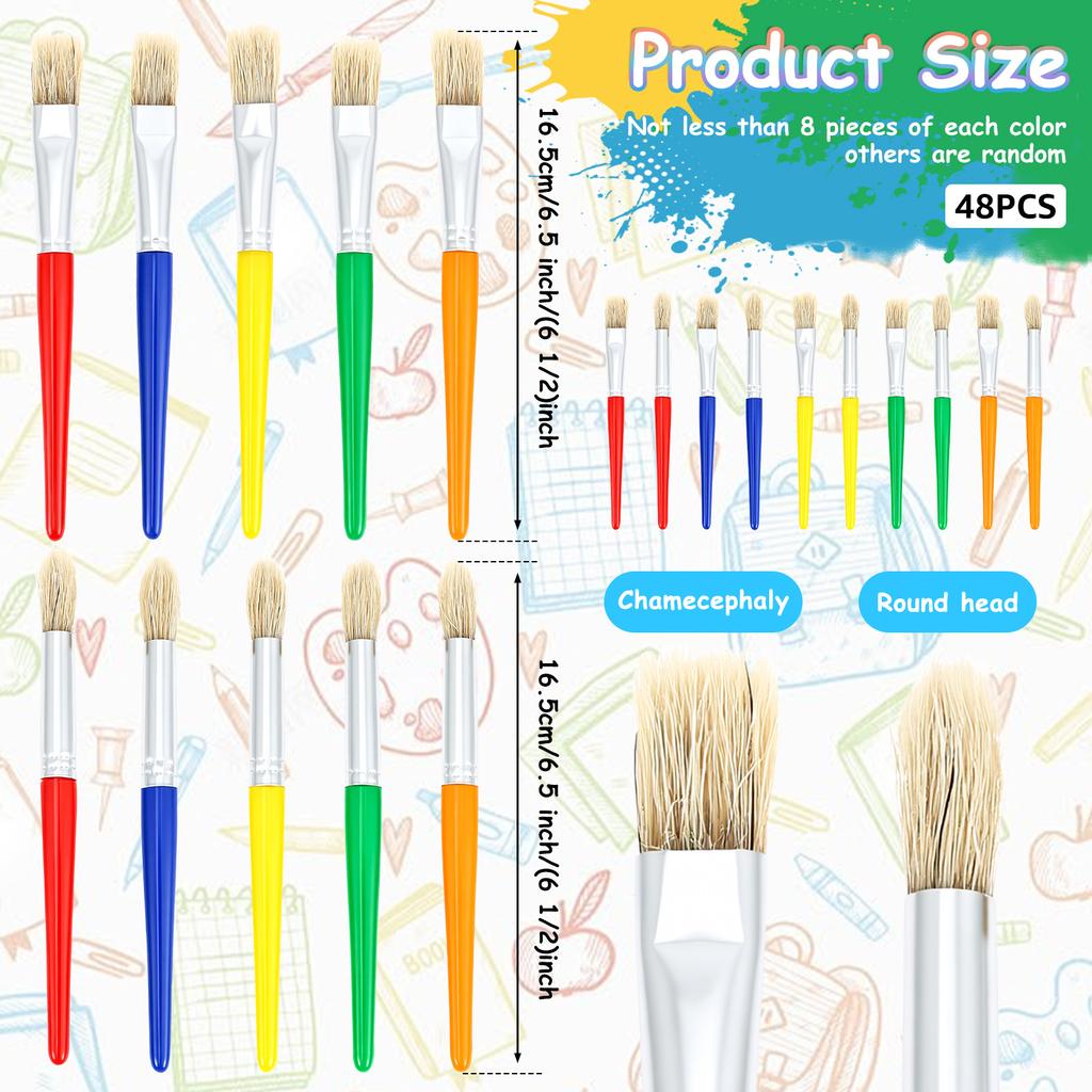 48 Pcs Toddler Paint Brushes Colorful Oil Painting Brushes Round and Flat Kids Paint Brush Set with Plastic Handle for Painting