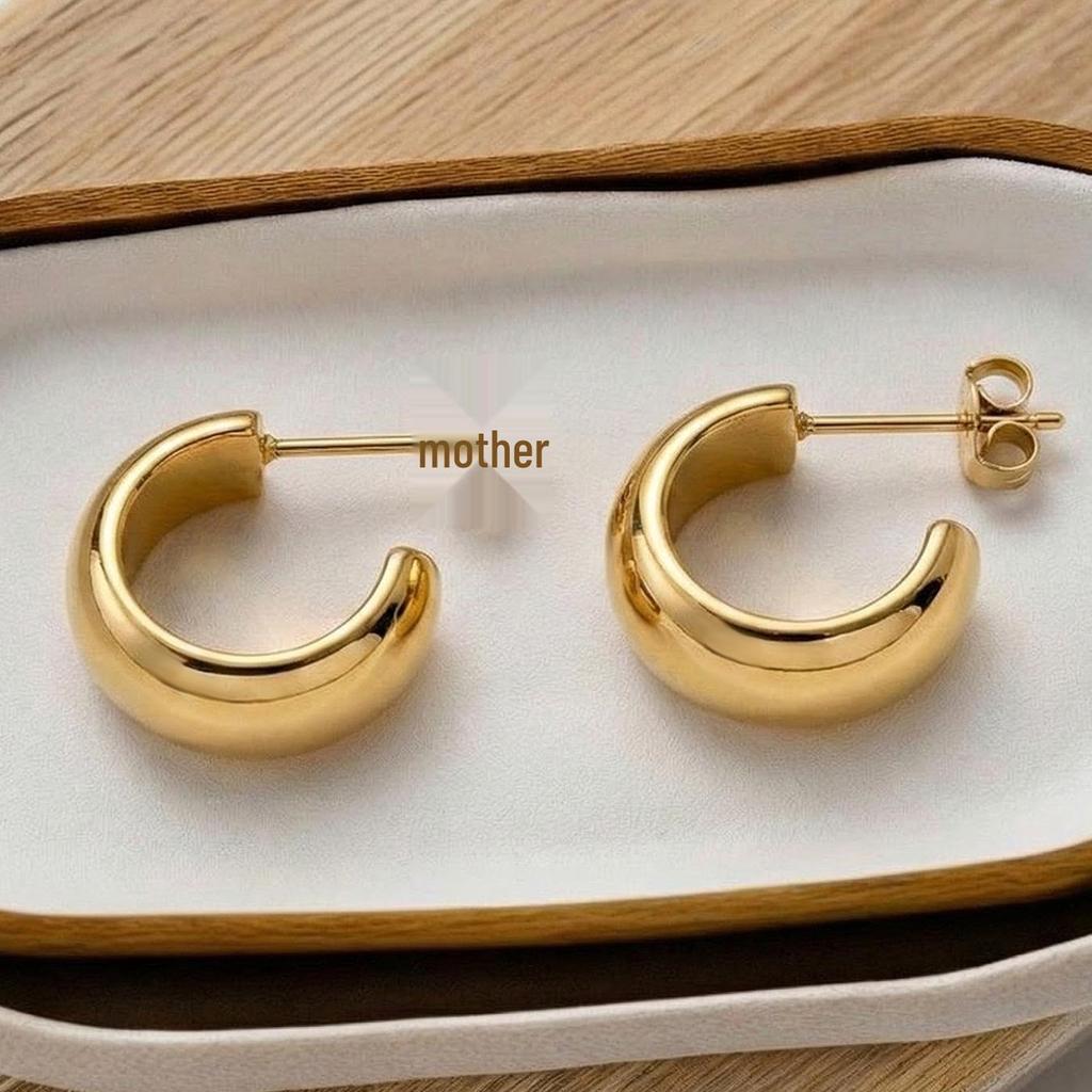 European C-Shaped Semi-Circular Earrings, 18K Gold-Plated Stainless Steel, Personalized Design for Women