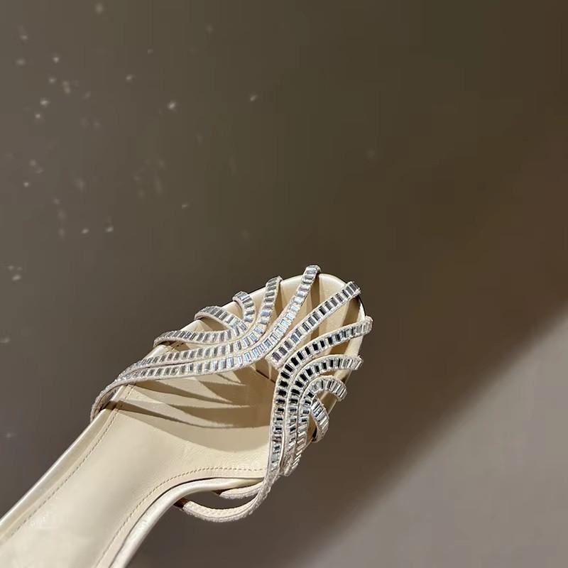 Package Foot Rhinestones 2025 Summer New Round Head Hollow Stiletto Sandals Feminine Temperament Banquet Princess Shoes High Hee