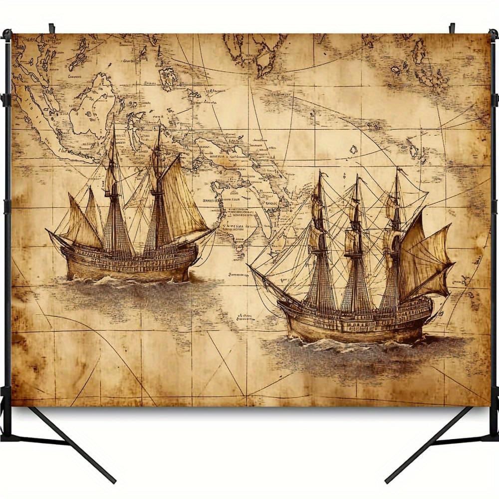 2Dflat1 antique world map canvas featuring designs of ships at sea - suitable for use as a banner in the living room office