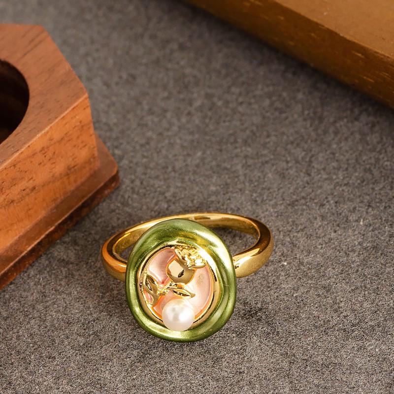 Adjustable Open Ring With Pearl Floral Motif Vintage Oil Painting Style Copper Jewelry Men Women