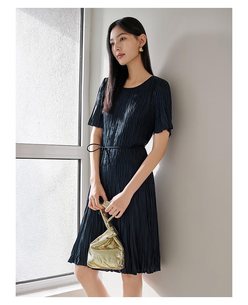 Jiuzi Anna Kou Elegant, Intellectual, Romantic, Folded Texture Chiffon Waist Dress for Women 2025 Summer New Style