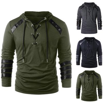 Men Winter Drawstring Vintage Leather Patchwork Long Sleeve Hooded Tops Blouses