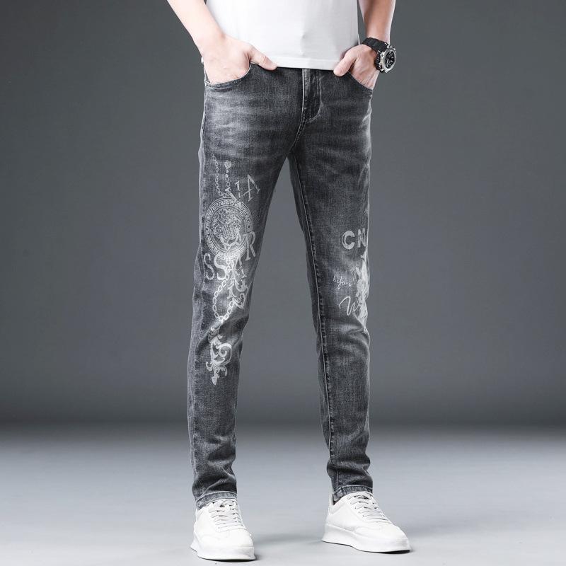 Letter Embroidery Fashion Brand Jeans for Men's Spring New Grey Straight Tube Elastic Pants for Men's Printed Pants
