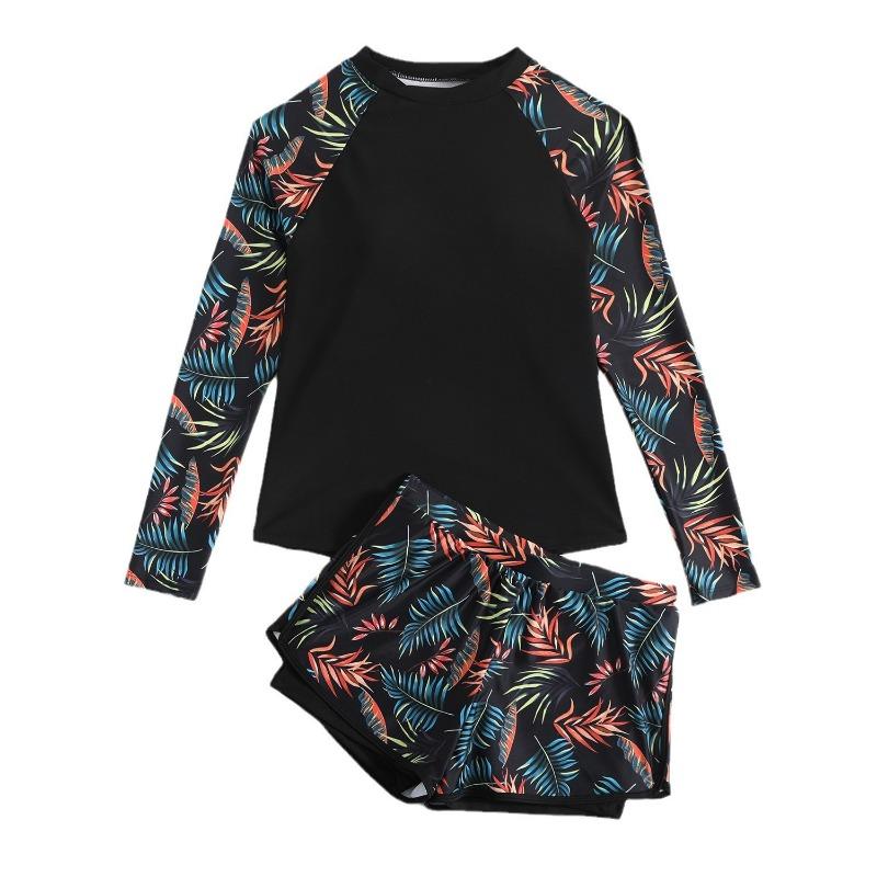 Nuovo Costume da Bagno Europeo e Americano, Pantaloncini Splicing Stampati a Manica Lunga a Doppio Strato, Costume da Bagno Tankini Split da Donna