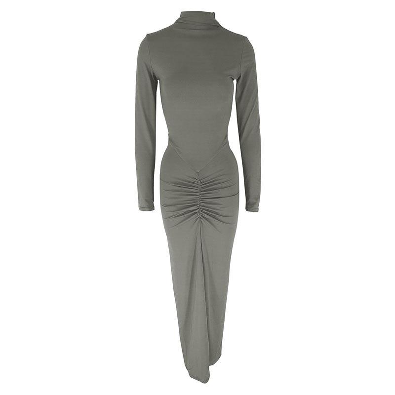 AC610 European & American Style Sexy Waist-Cinching Slim Solid Color Pleated Long Dress