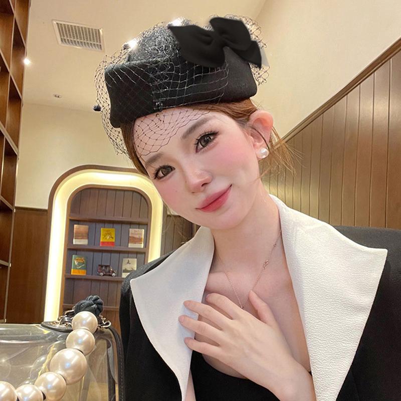 Black Stewardess Hat French Temperament Mesh Lace Woolen Hat British Berets For Women