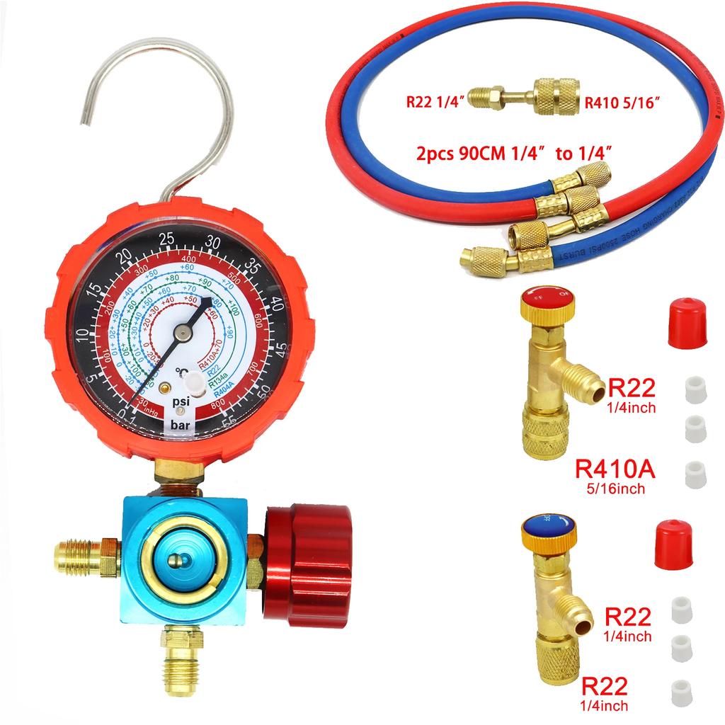 For R410A R22 R134a R404A Air Condition Gauge Refrigerants Manifold Gauge Manometer Valve 800psi/500psi with Visual Mirror